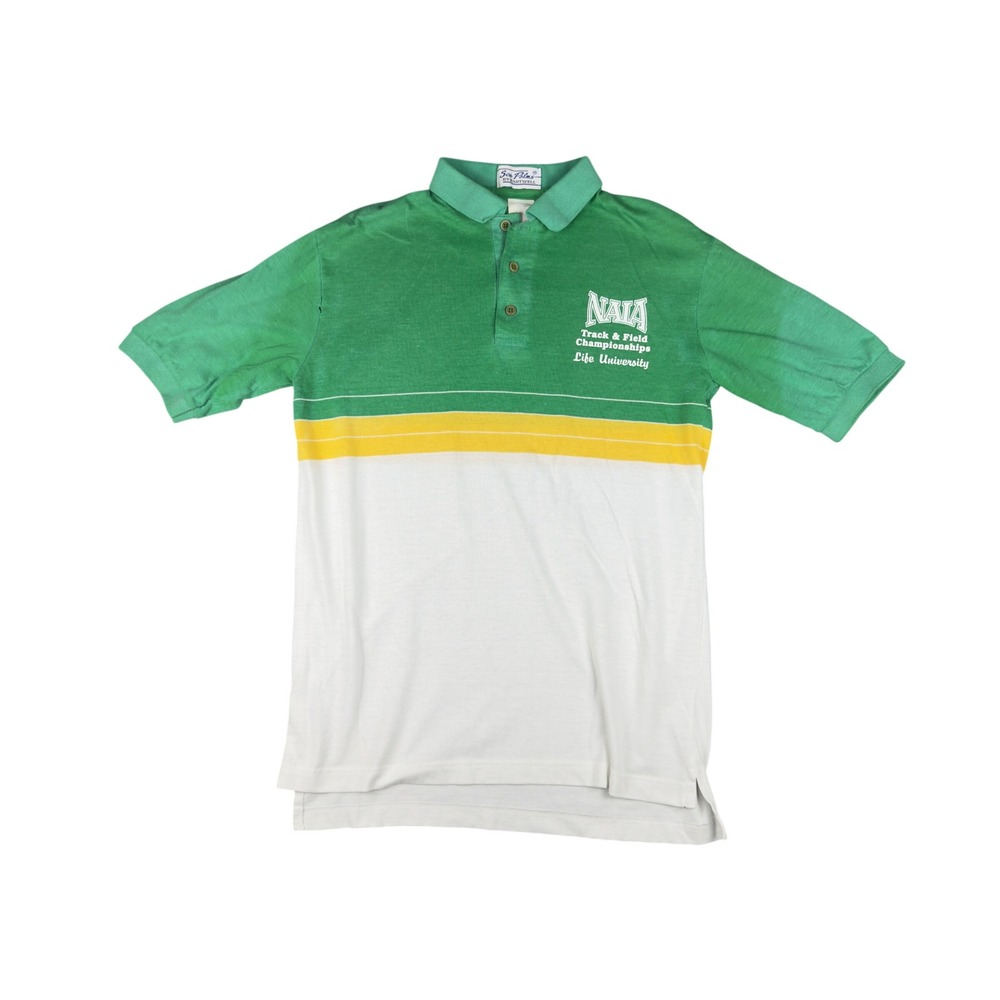 Vtg 80s Track & Field Life University Polo Shirt Men's M NAIA Green Yellow White